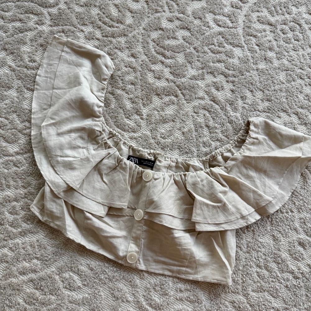 Zara Cream Ruffle Off-Shoulder Crop Top with Buttons
